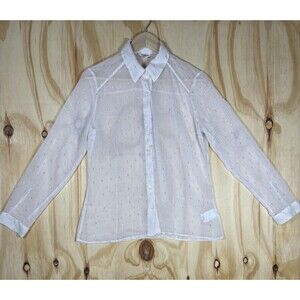 Express Top Womens S White Gold Polka Dot Sheer Button Up Blouse Long Sleeve